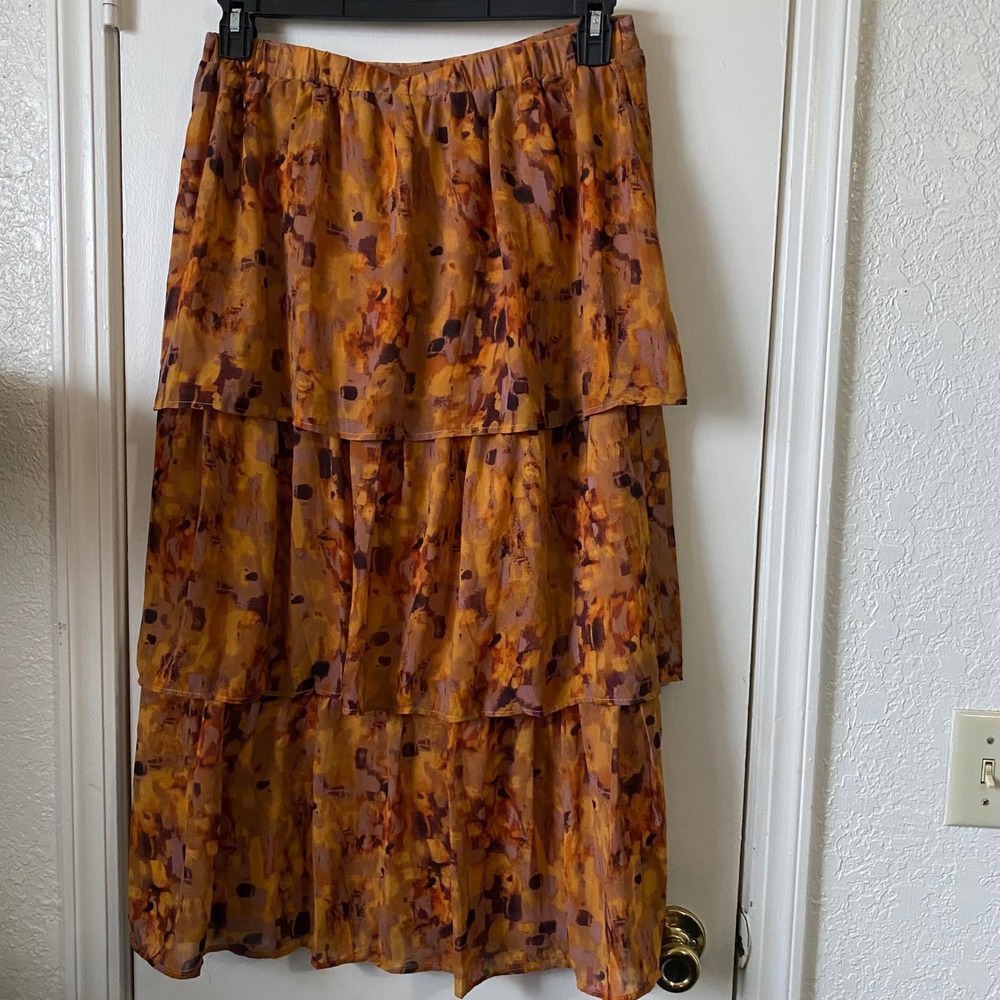 Mila Mae‎ Romantic Boho Floral Tiered Skirt Midi L Painterly Artsy Earth Tone